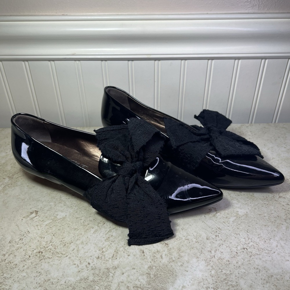 Attilio Giusti Leombruni Black Patent Leather Oversized Bow Pointed Flats 39.5